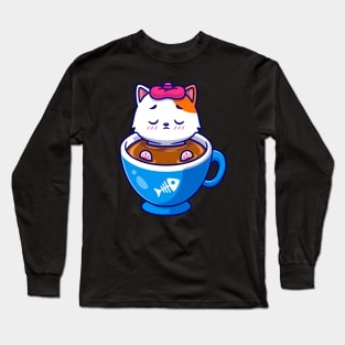 Cute Cat Fever In Coffee Cartoon Long Sleeve T-Shirt